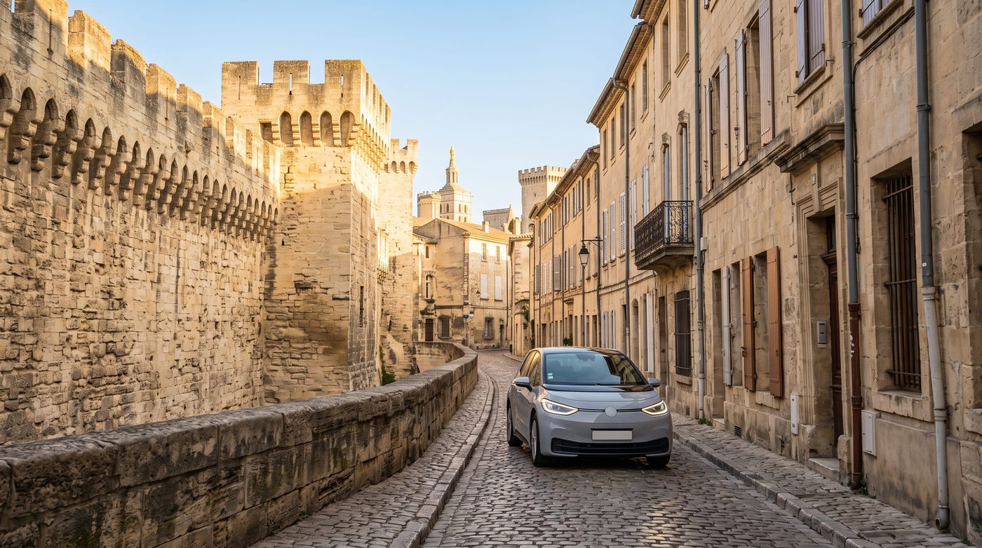 Location de voiture centre-ville Avignon : véhicule dans une rue du centre historique