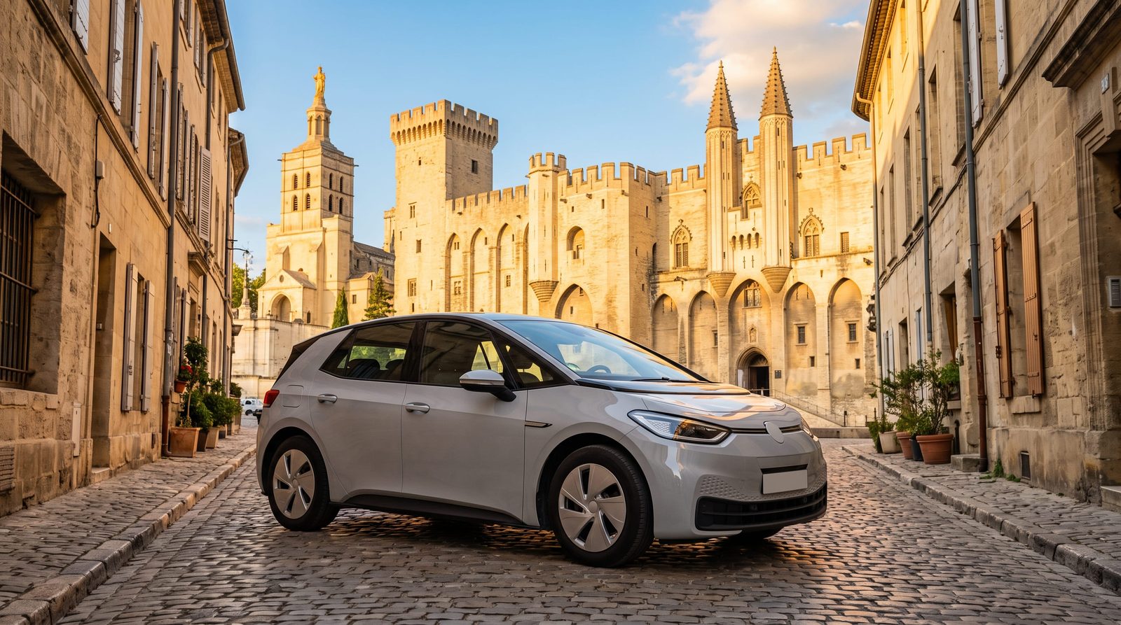 Location de voiture à Avignon : véhicule compact devant le Palais des Papes